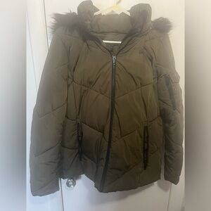 Olive Green Puffer Jacket with Fur Trim DNKY brand
